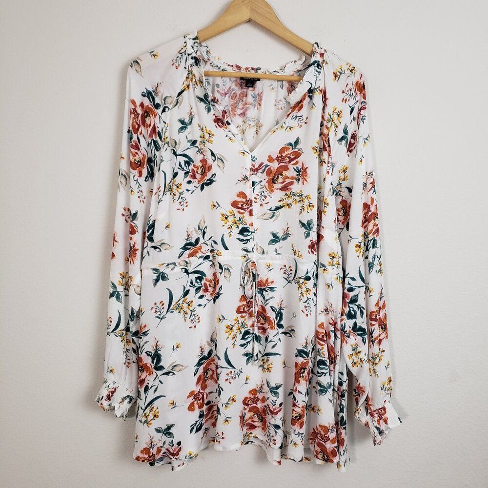 Torrid Women's Babydoll Top 1X White Floral Lightweight Boho Ruffles Smocked